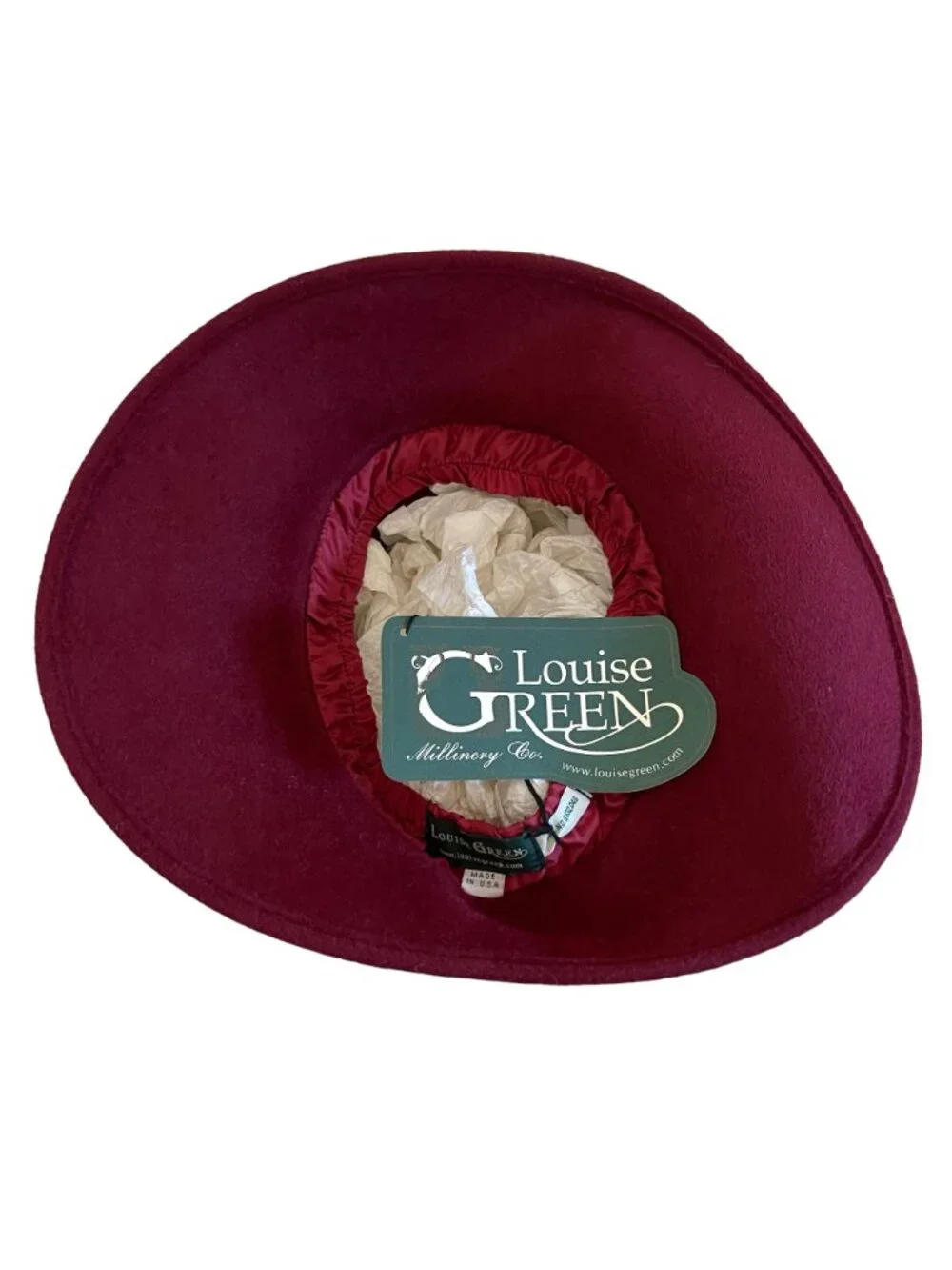 Louise Green Burgundy Wool Felt Wide Brim Hat With Floral Ribbon Detail